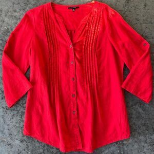 Chaus Sport Red 100% Linen Pleated V-Neck Tunic Blouse Roll Tab 3/4 Sleeve Med